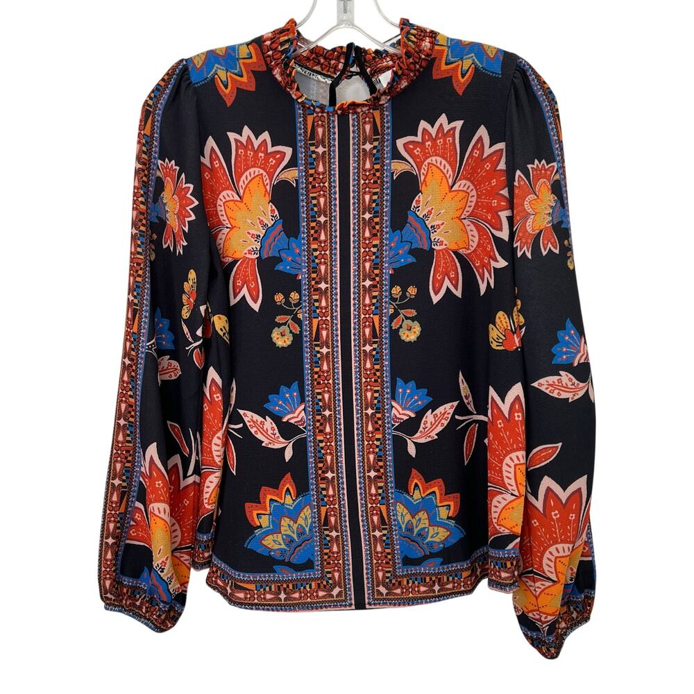 Braeve Floral Crepe Blouse Top High Neck Pullover Black Orange Blue Boho Artsy